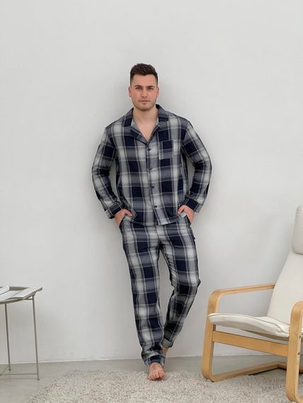 Піжама чоловіча COSY з фланелі (штани+сорочка) клітина темно синій/сірий