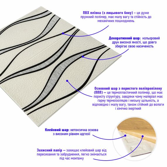 Самоклеюча 3D панель 700x700x5мм Білі хвилі (195) SW-00000767 | Зображення 1
