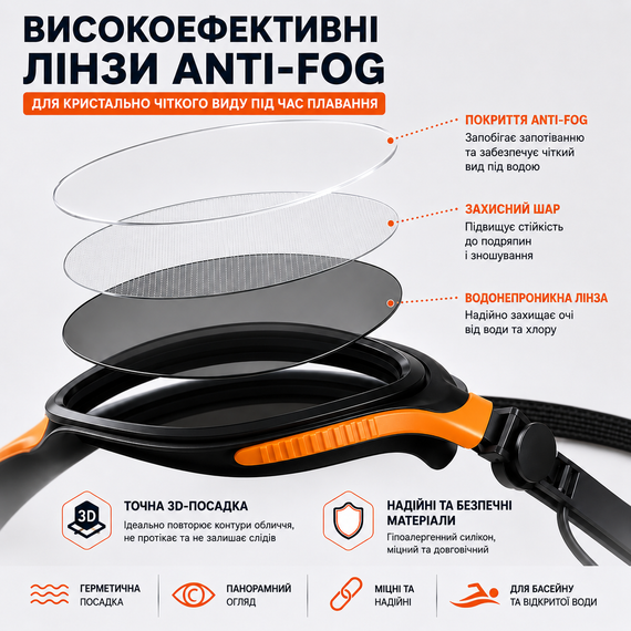 Очки для плавания с большой оправой и встроенными берушами Anti-Fog - Черно-оранжевые | Зображення 3