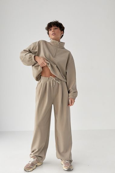 Зимовий однотонний спортивний костюм із затяжками - світло-коричневий цвет, L (є розміри) | Зображення 4