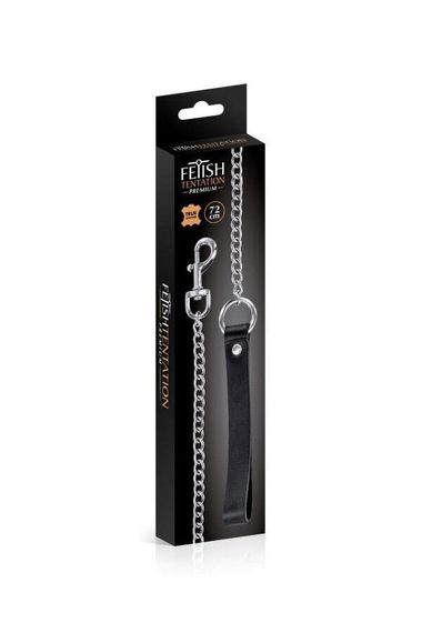 Поводок Fetish Tentation Premium Metal leash with cowhide leather wrist Черно-серебристый | Зображення 1