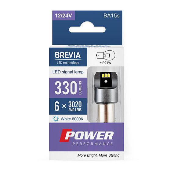 10101X2 BREVIA Лампа світлодіодна Brevia Power P21W 330Lm 6x3020SMD 12/24V CANbus, 2шт.