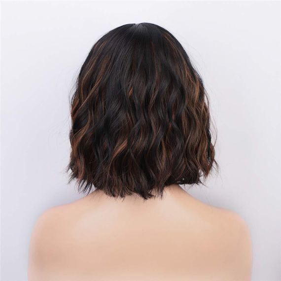 Короткий волнистый термостойкий женский парик каре с челкой, черный с мелированием, 14" 35 см, брюнетка волосы | Зображення 1