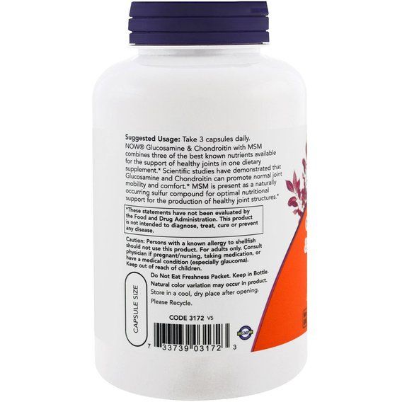 Препарат для суглобів та зв'зок NOW Foods Glucosamine & Chondroitin with MSM 180 Caps | Зображення 2