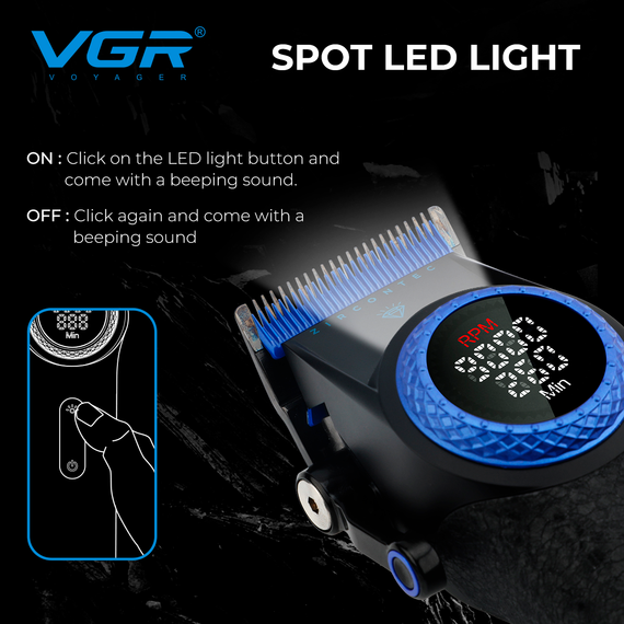 Аккумуляторная машинка для стрижки VGR V-001 BLUE, 10 насадок, 9000 RPM, 4600 mAh, LED дисплей | Зображення 7