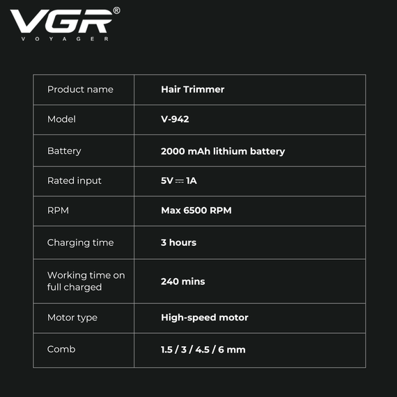 Триммер аккумуляторный VGR V-942 BROWN, 4 насадки, LED дисплей | Зображення 1