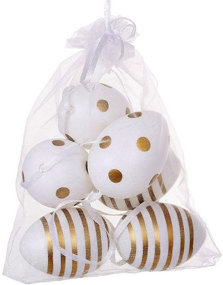Пасхальний декор "Яйця в мішечку", 6 яєць-підвісок 4х6см у сітці, білий із золотом