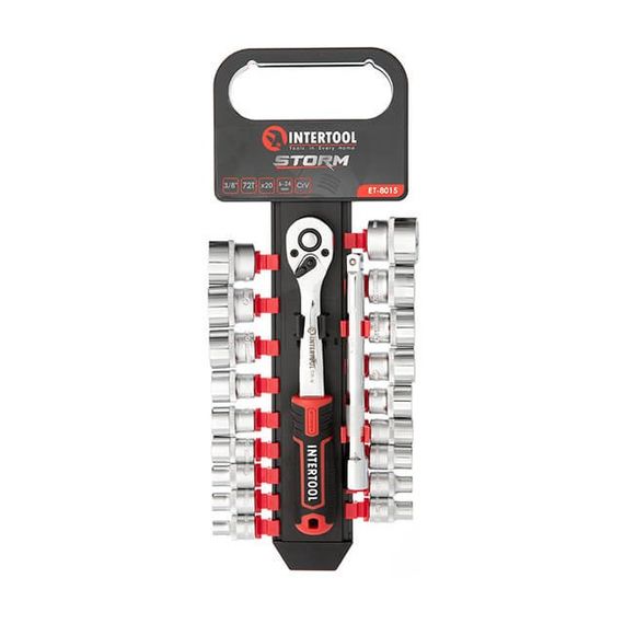 Набір головок STORM 3/8", 6-24 мм, подовжувач, рукоятка з храповим механізмом, 20 од., Cr-V INTERTOOL ET-8015 | Зображення 2