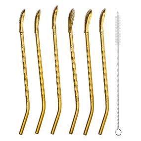 Набір багаторазових ложок-трубочок 6 шт для напоїв 19,5 см з щіткою Золотистий HP-20-56