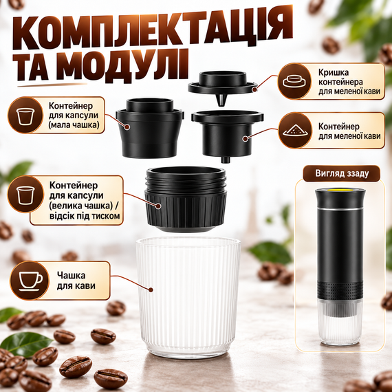 Портативна кавоварка 3-в-1 KF-JN-02 акумуляторна еспресо машина для капсул і меленої кави з підігрівом USB Type-C чорна | Зображення 8