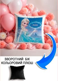 Подушка плюшева Мерч Крафт Дизайн з принтом Frozen Ельза імя Марiя чорний плюш квадратна 33х33 см