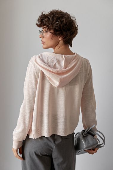 Легкий в'язаний кардиган на ґудзиках із капюшоном - пудра цвет, ONE SIZE (є розміри) | Зображення 1