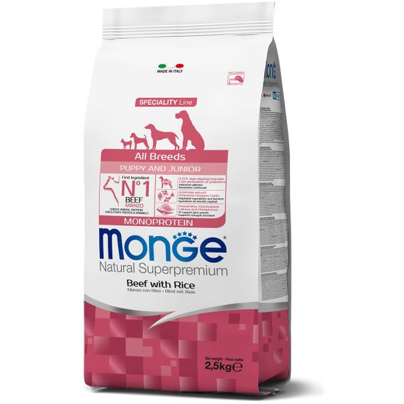 Корм Monge Monoprotein All breeds Puppy & Junior Manzo сухий з яловичиною для цуценят та юніорів усіх порід 2.5 кг