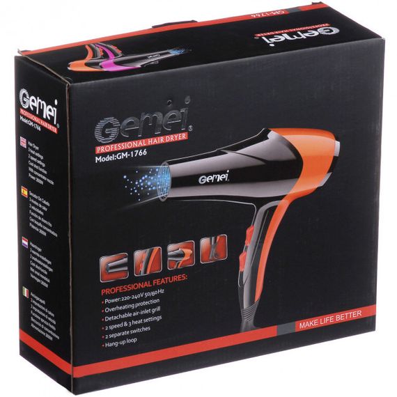 Фен GEMEI GM-1766 2.6кВт АС, фен для головы, женский фен для волос, фен сушка. Цвет: оранжевый | Зображення 2