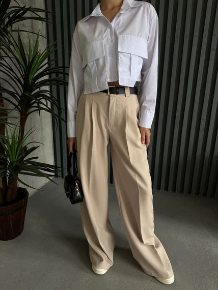 Женские широкие легкие штаны брюки палаццо со стрелками NA2012 цвет бежевый, размер 42/44 | Зображення 3