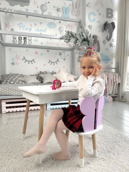 Дитячий столик білий і стільчик фіолетовий метелик. Столик із нішею для олівців і розмальовок | Зображення 2