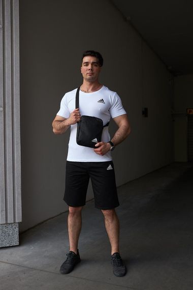 Комплект чоловічий Adidas: футболка біла + шорти чорні + барсетка чорна (8684996468)