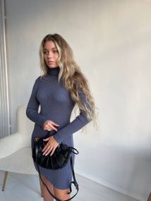 Женское вязаное платье-гольф в обтяжку теплое NO6599 размер единый 42-50 цвет темно-серый