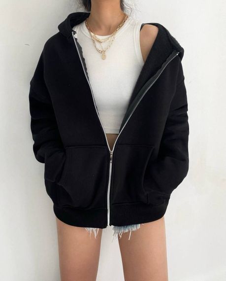 Жіноче зип-худі оверсайз на блискавці тепле на флісі з капюшоном розмір 48/52 колір чорний  GF052 | Зображення 1