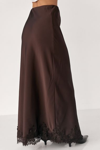 Сатинова спідниця з мереживом - коричневий цвет, M (є розміри) | Зображення 1