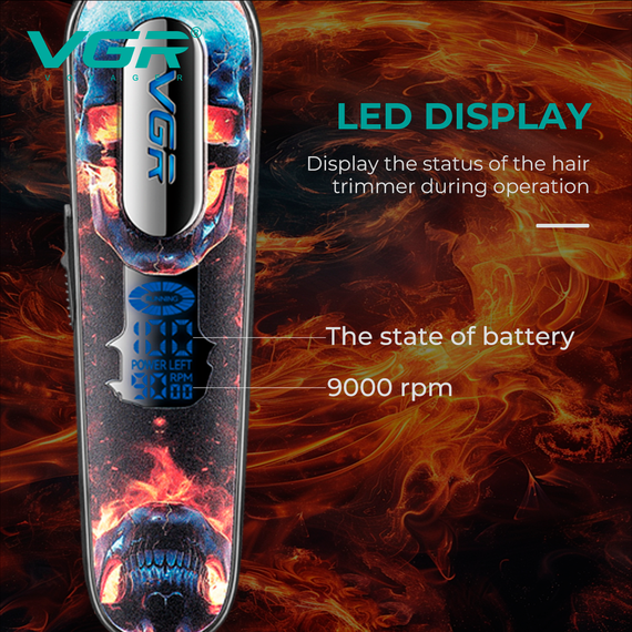 Триммер аккумуляторный для стрижки VGR V-260 RED, 3 насадки, 2000mAh, 9000 RPM, LED дисплей | Зображення 3