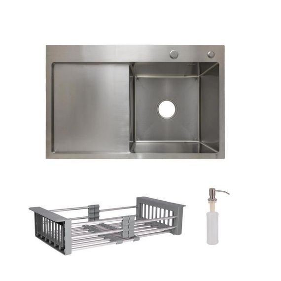 Комплект Lidz Handmade H7849L Мийка для кухні інтегрована крило зліва Brushed у комплекті з дозатором + Lidz K01G Кошик для