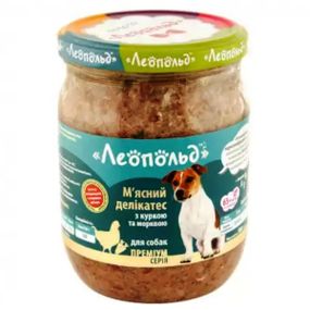 ЛЕОПОЛЬД М'ясні делікатеси з куркою та морквою для собак, скляна банка 500 г (6шт/уп)