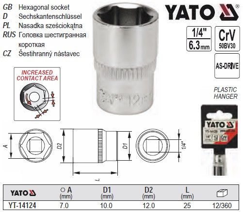 Головка торцева 6-гранна 1/4" М7 Польща YATO YT-14124