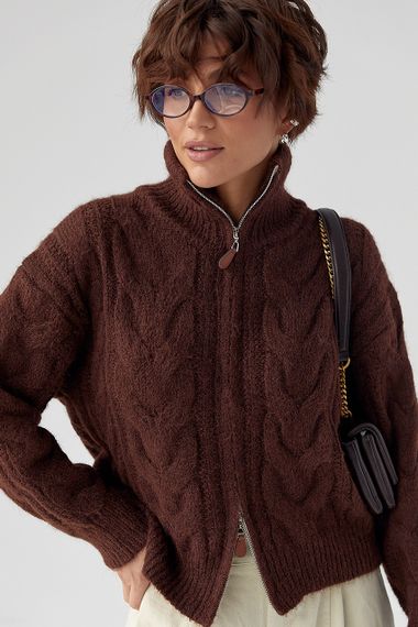 Теплий кардиган в косички на блискавці - темно-коричневий цвет, ONE SIZE (є розміри) | Зображення 4