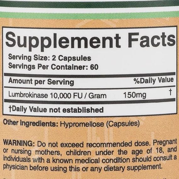 Комплекс для профілактики тиску та кровообігу Double Wood Lumbrokinase 150 mg 10000 FU (2 caps per serving) 120 Caps | Зображення 1