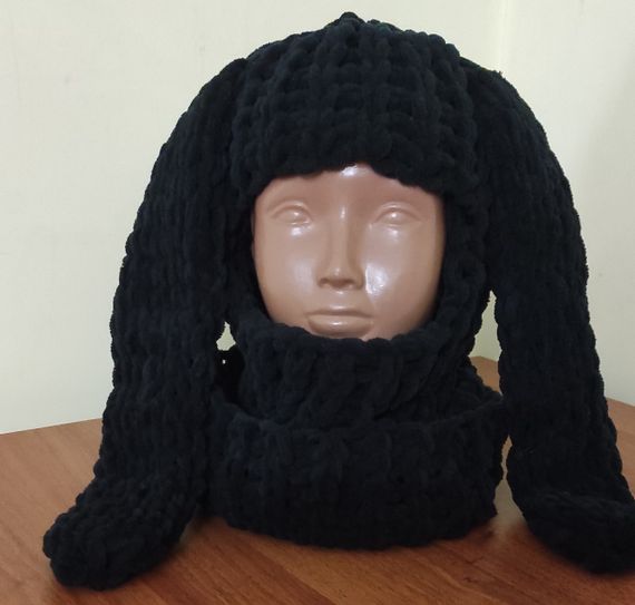 Балаклава колір 60 плюшева з вушками "зайчик" чорна puffy fine