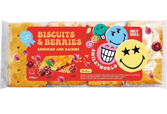 Печиво затяжне з начинкою SmileyWorld BISCUITS  BERRIES вишня та родзинки 210г (214519)