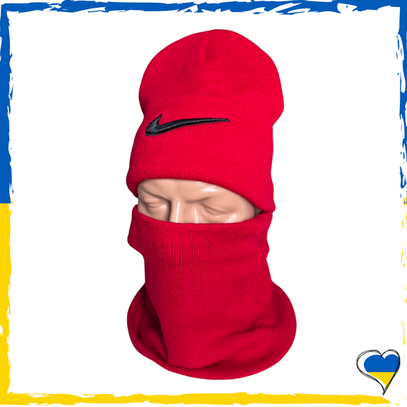 Комплект Nike красный шапка и бафф на флисе унисекс. Набор теплый. Мужской, женский, подростковый, детский