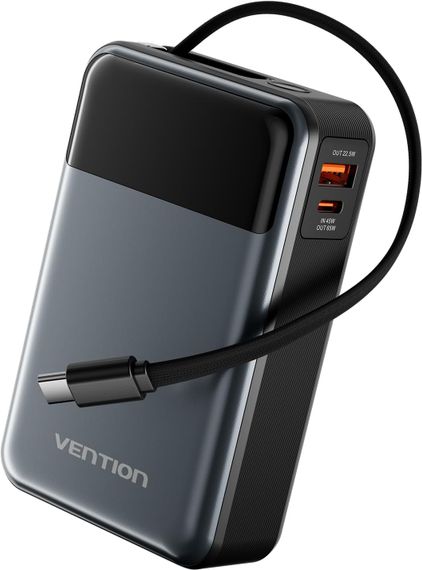 УМБ Vention 20000mAh 65W 3A PD,QC3.0,USB-A,1хType-C OUT,with Built-in USB-C Cable, LED Display,Black | Зображення 1