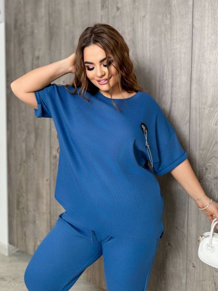 Женский летний костюм футболка и укороченные штаны большие размеры и батал KF090 цвет синий, размер 48/50 | Зображення 2