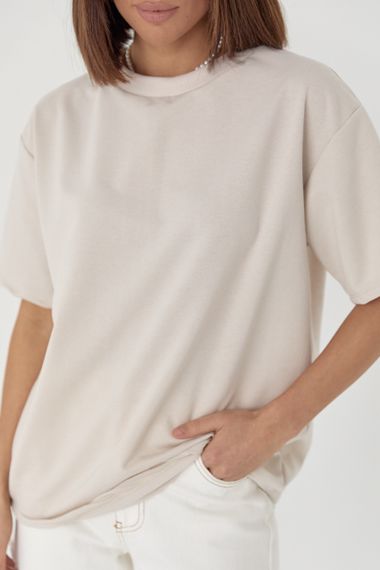 Однотонная женская футболка в стиле oversize - бежевый цвет, M (есть размеры) | Зображення 3