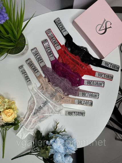 Женские кружевные стринги Victoria`s Secret со стразами, бикини стринги Виктория Сикрет XL, Фуксия | Зображення 4