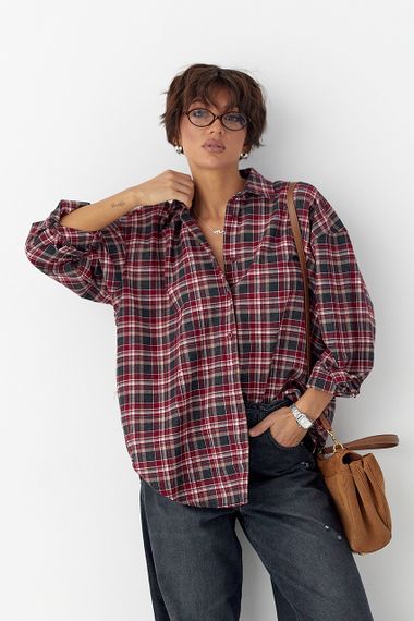 Бавовняна сорочка в дрібну клітинку - темно-червоний цвет, L (є розміри)