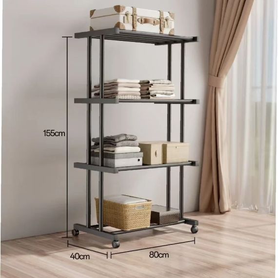 Етажерка металева RIAS Clothes Drying Rack 8041 на колесах, 4 яруси, 155×80×40 см, чорна | Зображення 2
