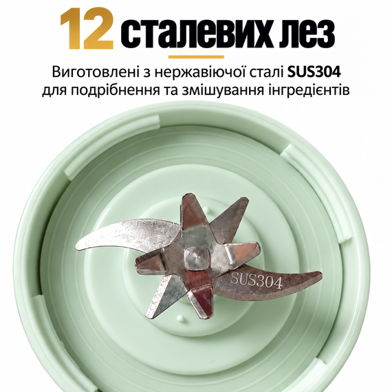 Портативный блендер-шейкер HS-889 530 мл, 12 лезвий SUS304, аккумулятор 1300 мАч, USB Type-C, для смузи и коктейлей, зеленый | Зображення 4
