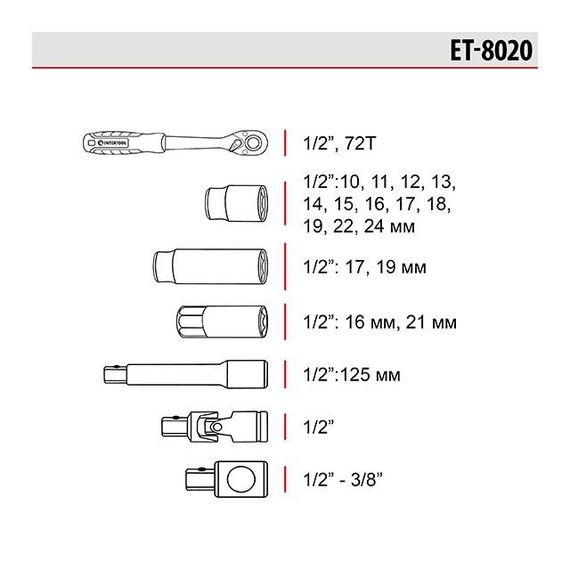 Набор инструмента Intertool - 1/2" 20 ед. Storm (ET-8020) | Зображення 8