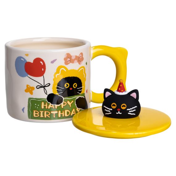 Чашка порцелянова з кришкою Kitten's Birthday 400 (мл) подарункова кружка прикольна чашка для дітей на подарунок Жовтий FM-24B | Зображення 1