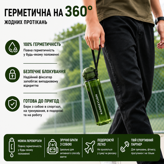 Бутылка для воды KANGZYUAN 500 мл Tritan спортивная, BPA Free, с герметичной крышкой, Зеленая | Зображення 9