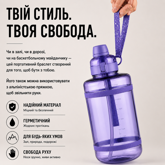 Спортивная бутылка для воды 2500 мл из тритана с соломинкой, Фиолетовая - Ударопрочная и без BPA | Зображення 7