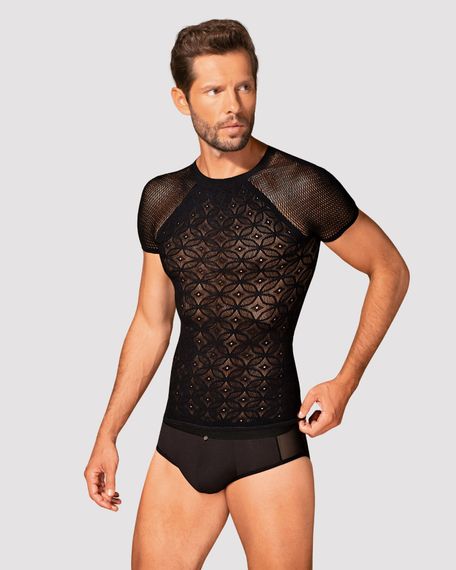 Чоловіча напівпрозора футболка з орнаментом Obsessive T102 T-shirt, чорна, S/M/L