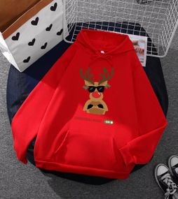 Женский теплый Новогодний худи с оленем в очках, STI238 единый размер 42/48 цвет красный