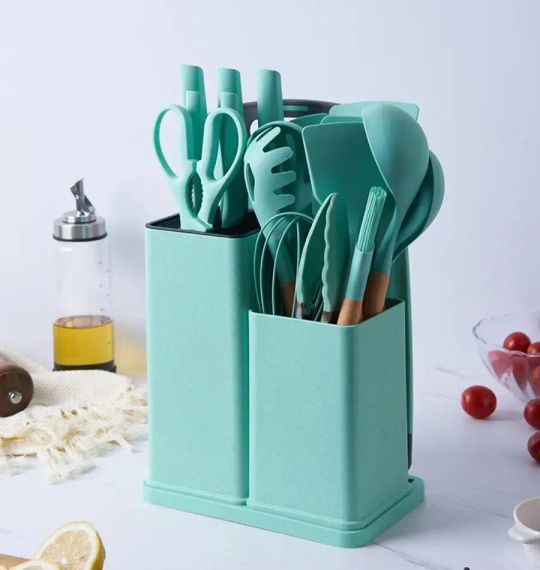 Набор кухонных принадлежностей 19 предметов с двойной подставкой доской набором ножей ZP-0102 | Зображення 1