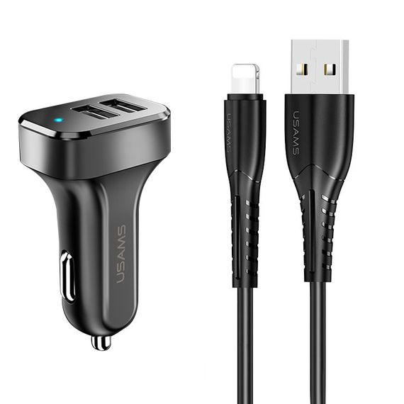 АЗП Usams C13 2.1A (2USB-A) + кабель USB to Lightning Чорний