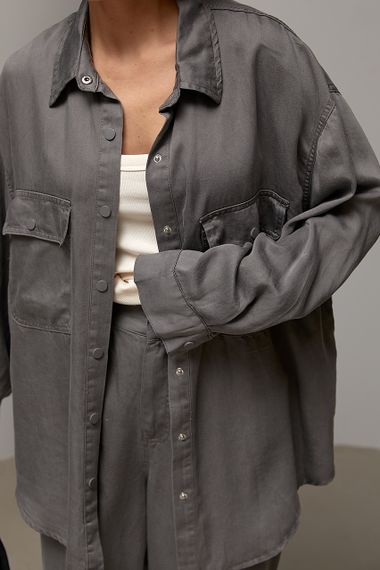 Вільний котоновий костюм із сорочки на кнопках і прямих штанів - сірий цвет, ONE SIZE (є розміри) | Зображення 3