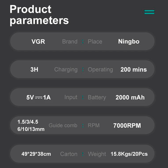 Аккумуляторная машинка для стрижки VGR V-196 GOLD, 6 насадок, 7000 RPM, 2000 mAh, LED дисплей | Зображення 2